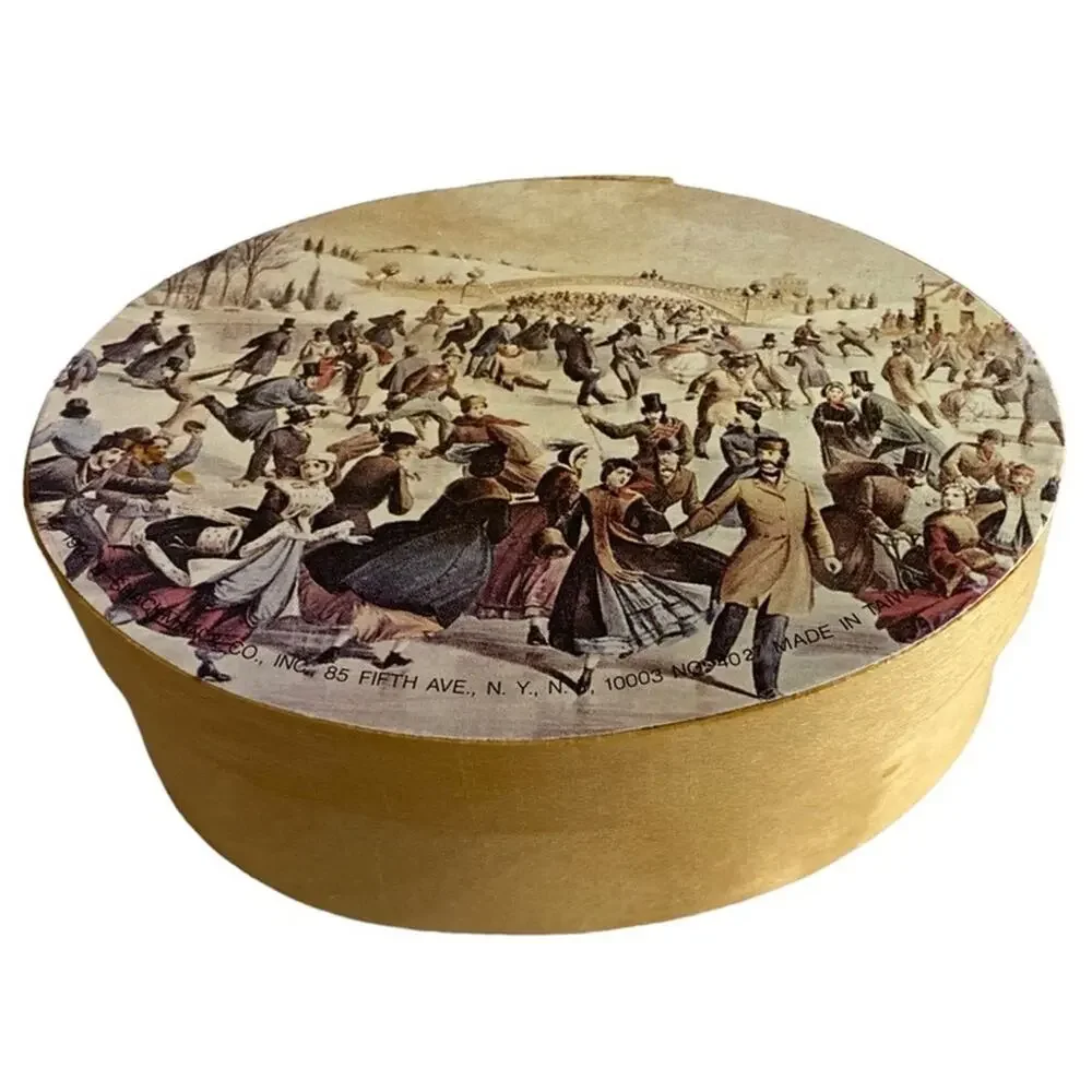 Vintage Shackman Wooden Oval Gift Box Currier & Ives Central Park Skating READ
